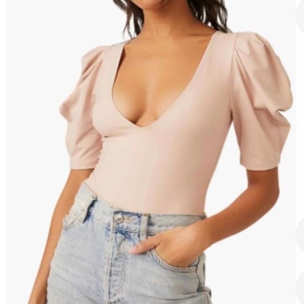 Intimately Free People Va Va Voop Bodysuit XS Puff Sleeve Taupe Beige